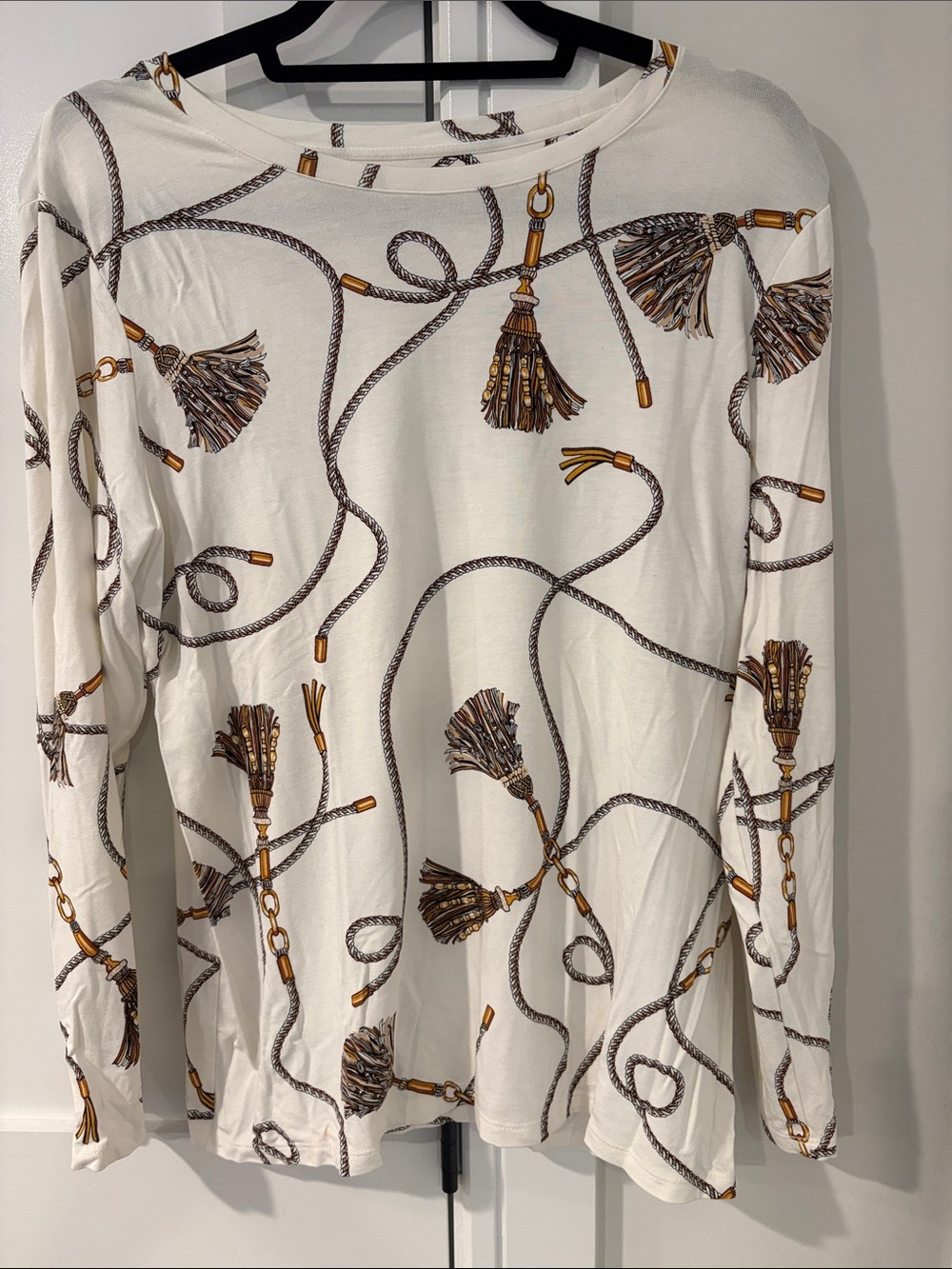 Chicos Woman’s Cream Tassel & Rope Print Long Sleeve Top Size Large